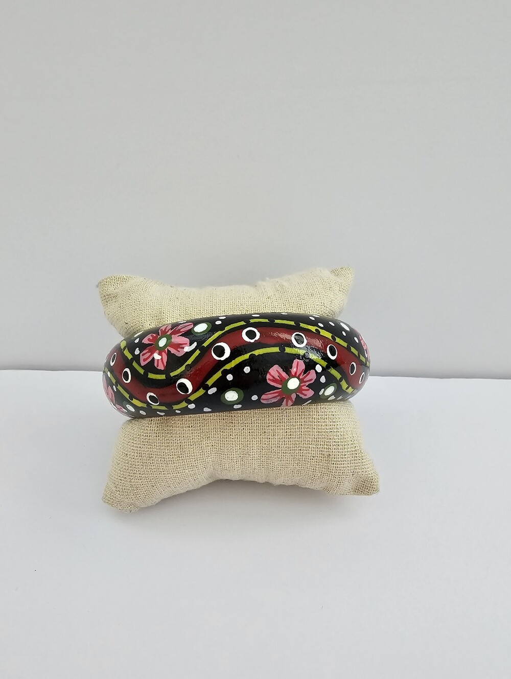 Vintage Hand Painted Wooden Bangle Bracelet - Chunky Black Floral Folk Art Disc